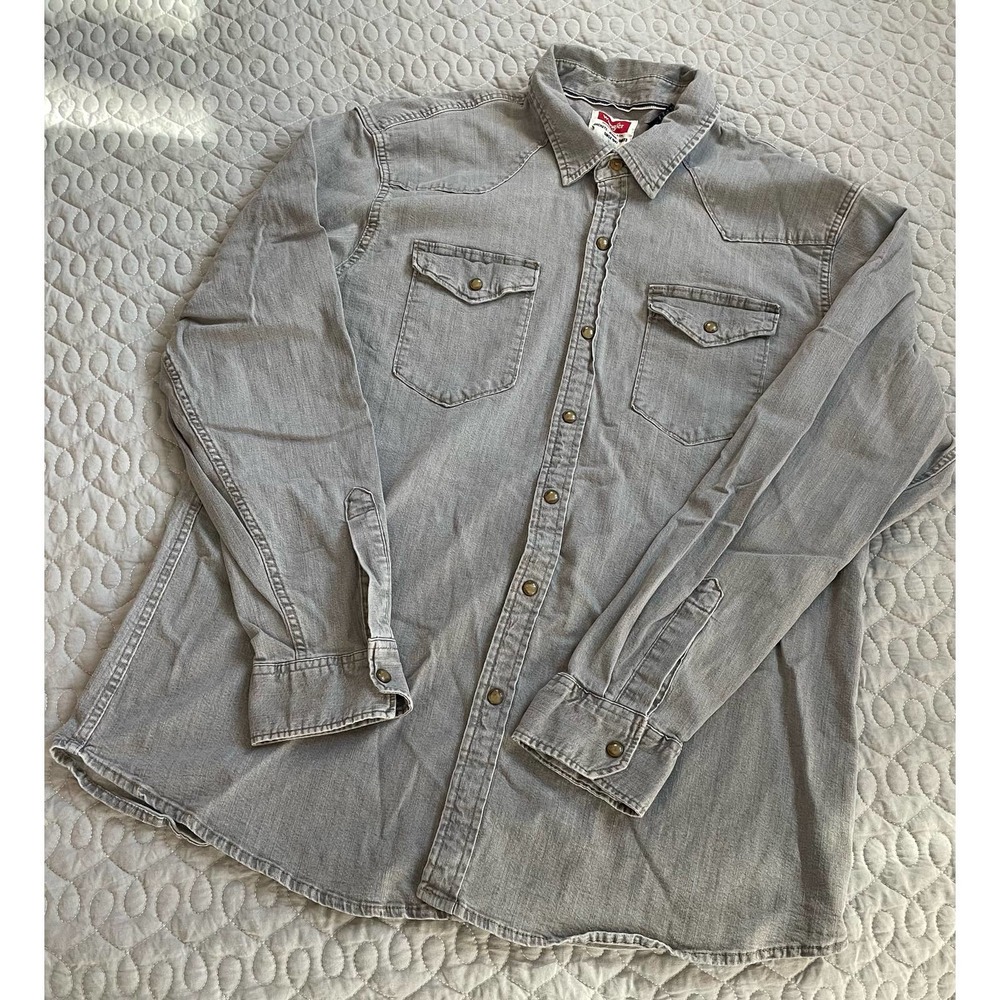 Men’s Wrangler Gray Long Sleeve Flap Pockets Pearl Snap Denim Shirt Size XL